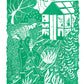 Dig It riso print, gardening art, woman gardening, cat print