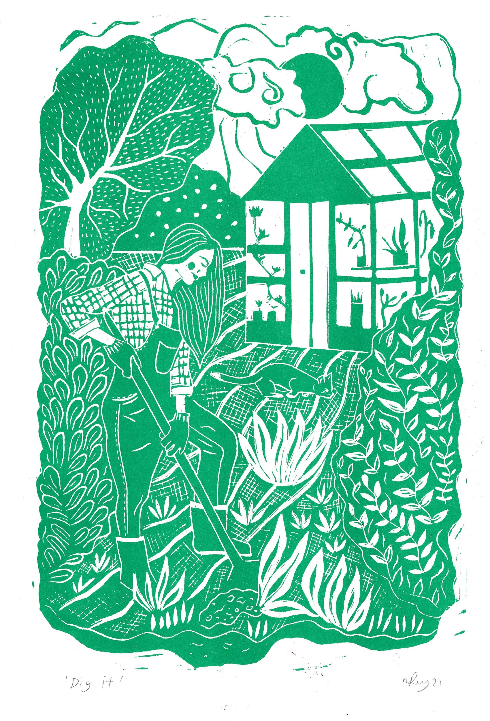 Dig It riso print, gardening art, woman gardening, cat print