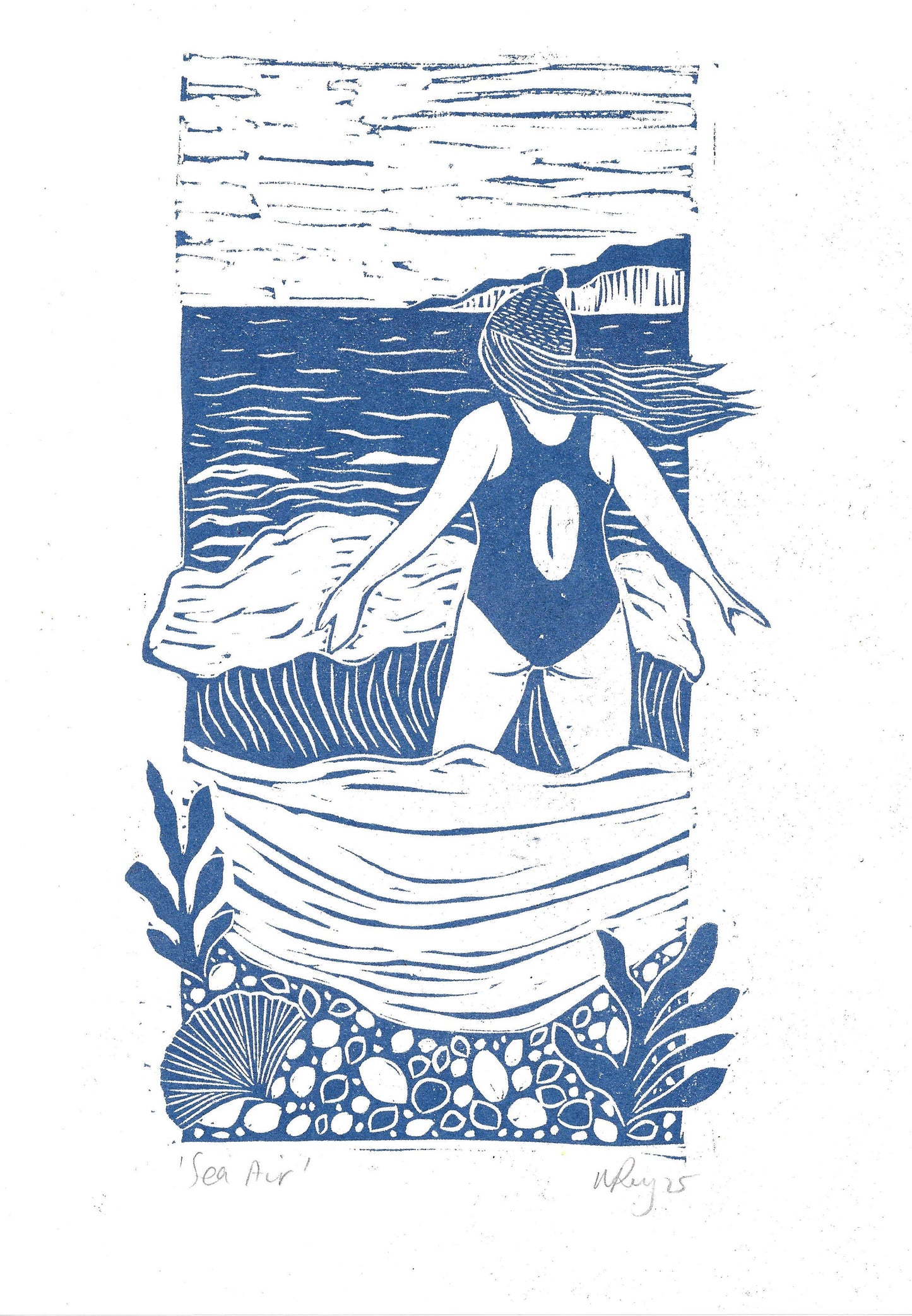 Sea Air riso print, swimmer, sea swim, windy, nature, woman