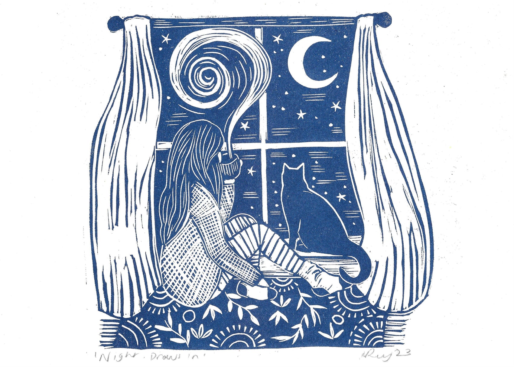 Night Draws In riso print, cat, winter, christmas, cosy art