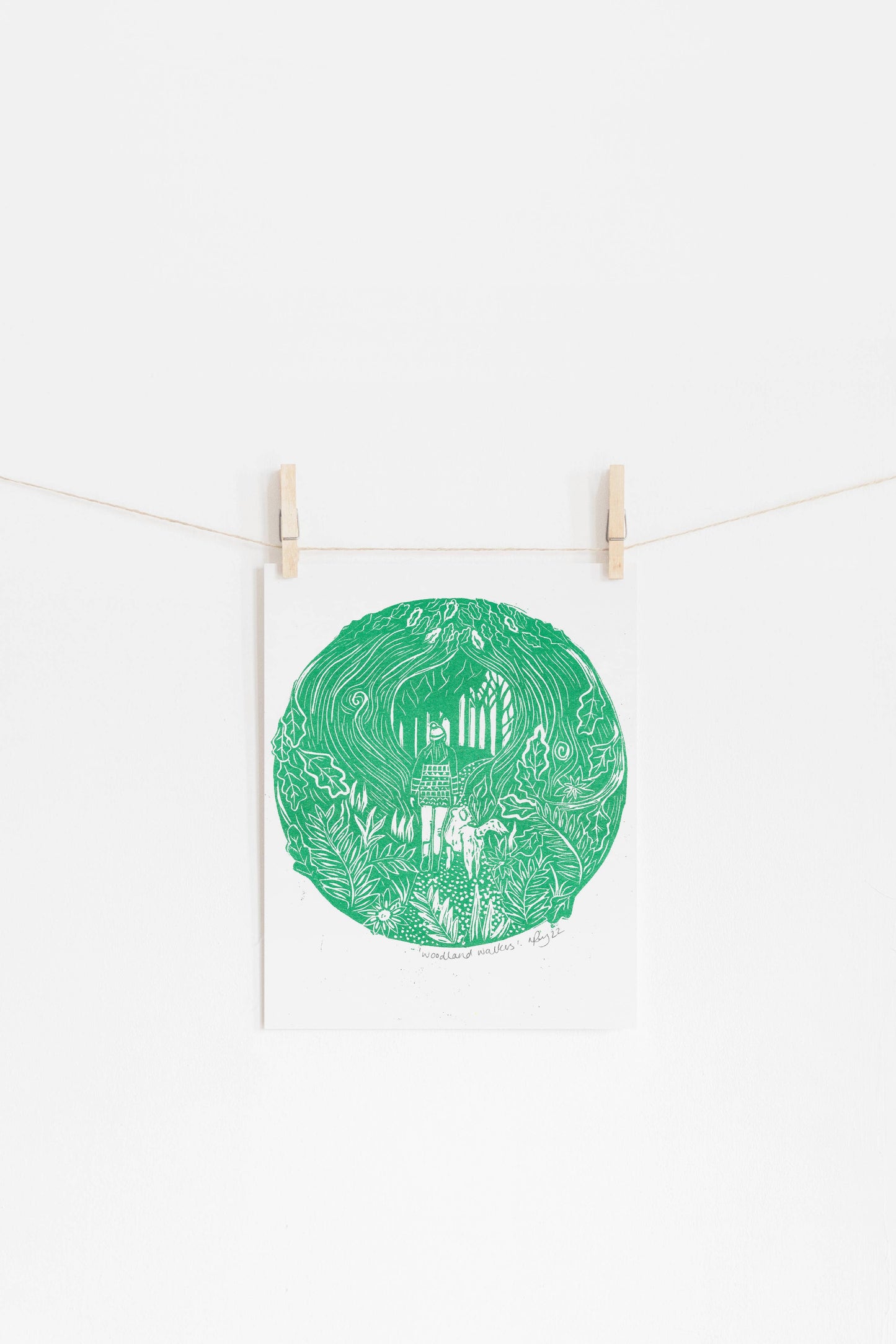 Woodland Walkers riso print, hiking, dog, forest, winter