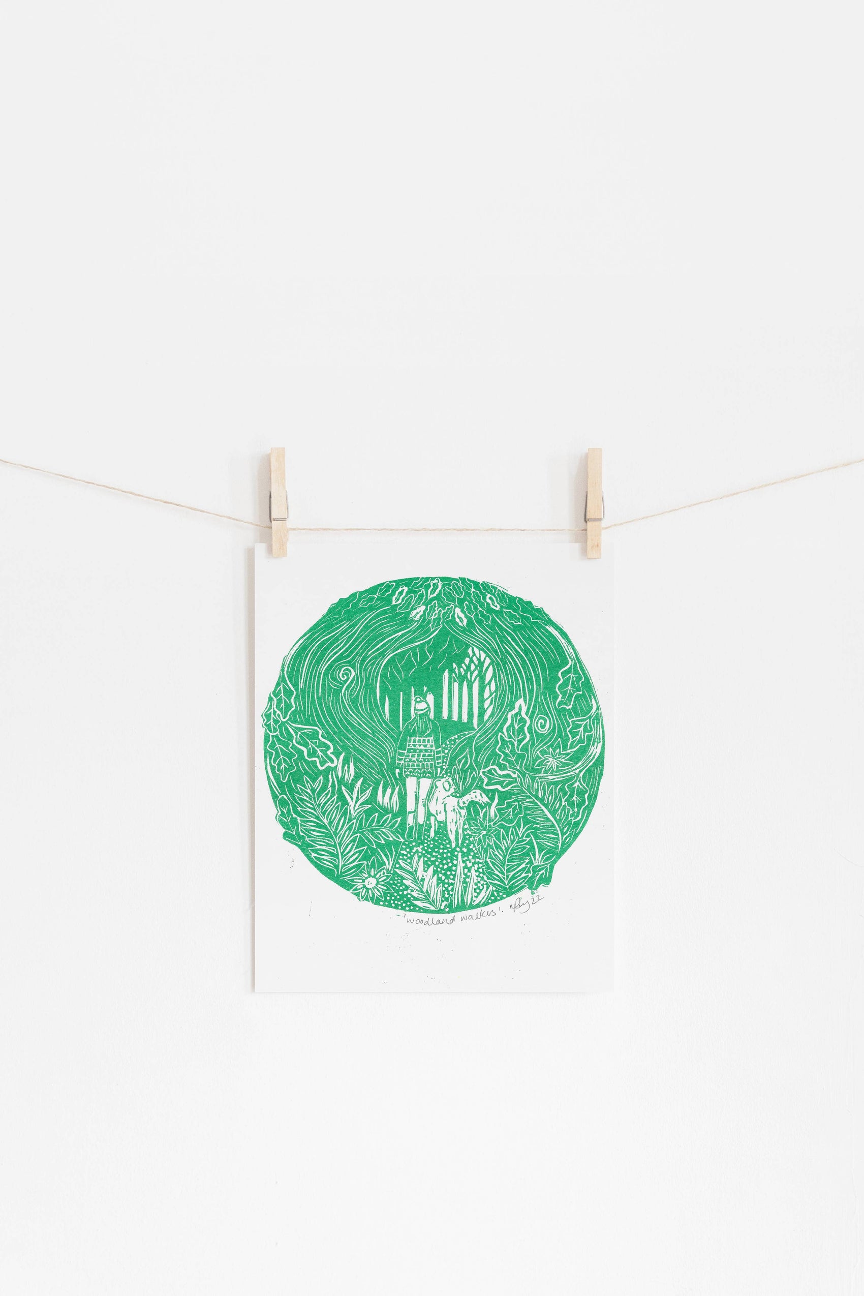 Woodland Walkers riso print, hiking, dog, forest, winter