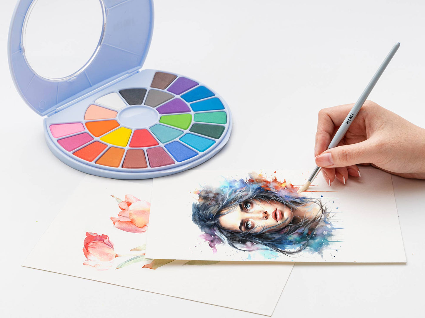 HIMI Solid Watercolour Set 24 Colours In Pans + Brush, Blue