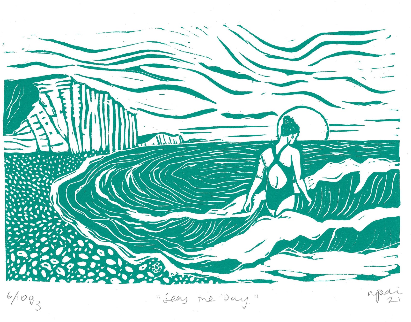 Seas the Day print, swimmer, woman, sea, waves, seaside
