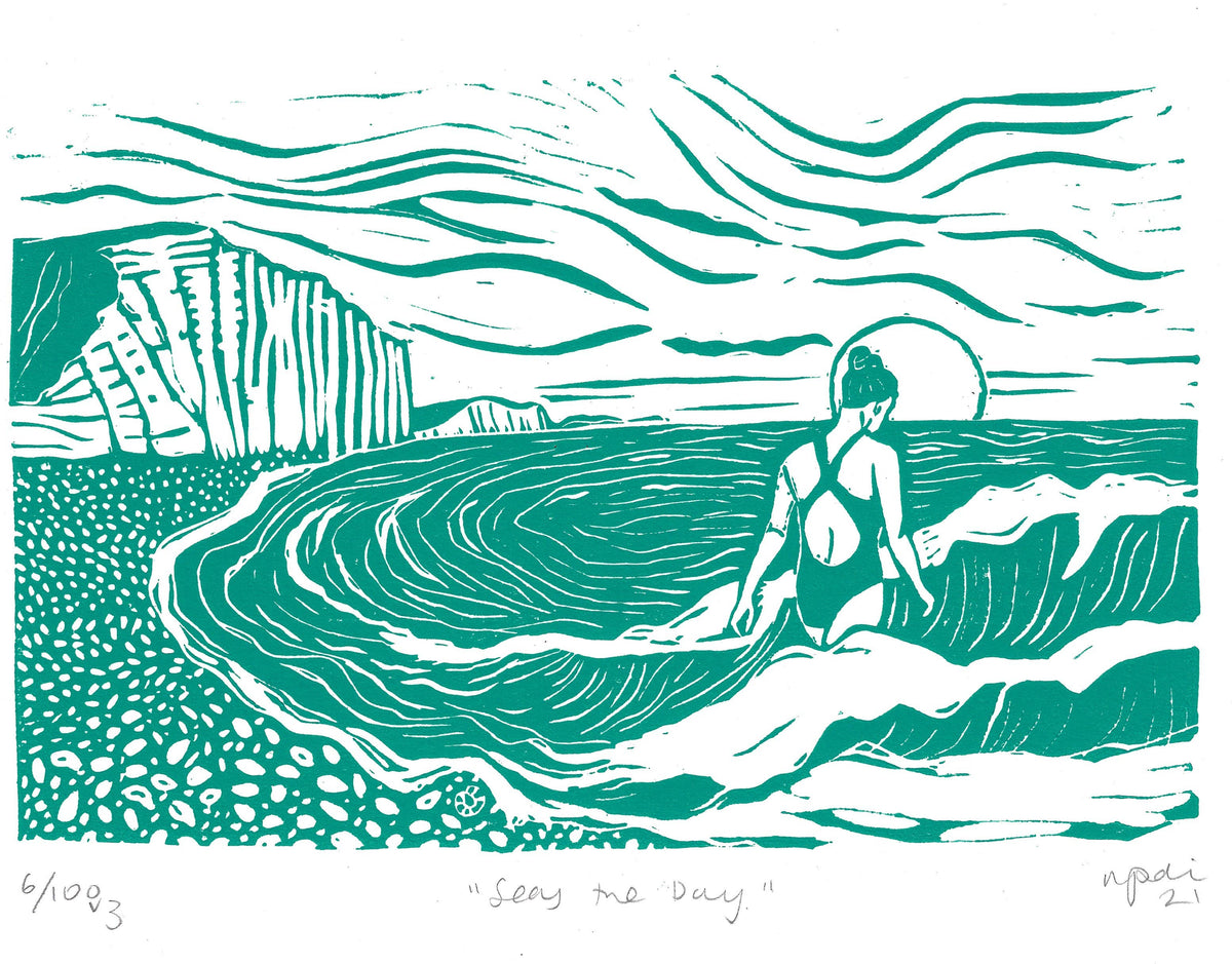 Seas The Day Card, swimmer, woman, sea, waves, seaside, swim