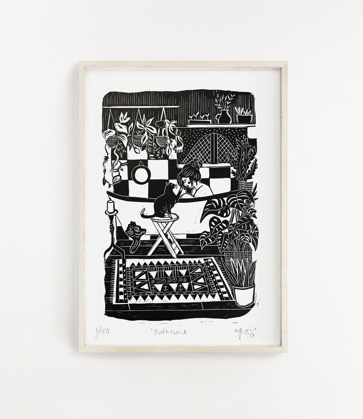 Cosy Home Greeting Card- Woman in Bath with Cat and Plants