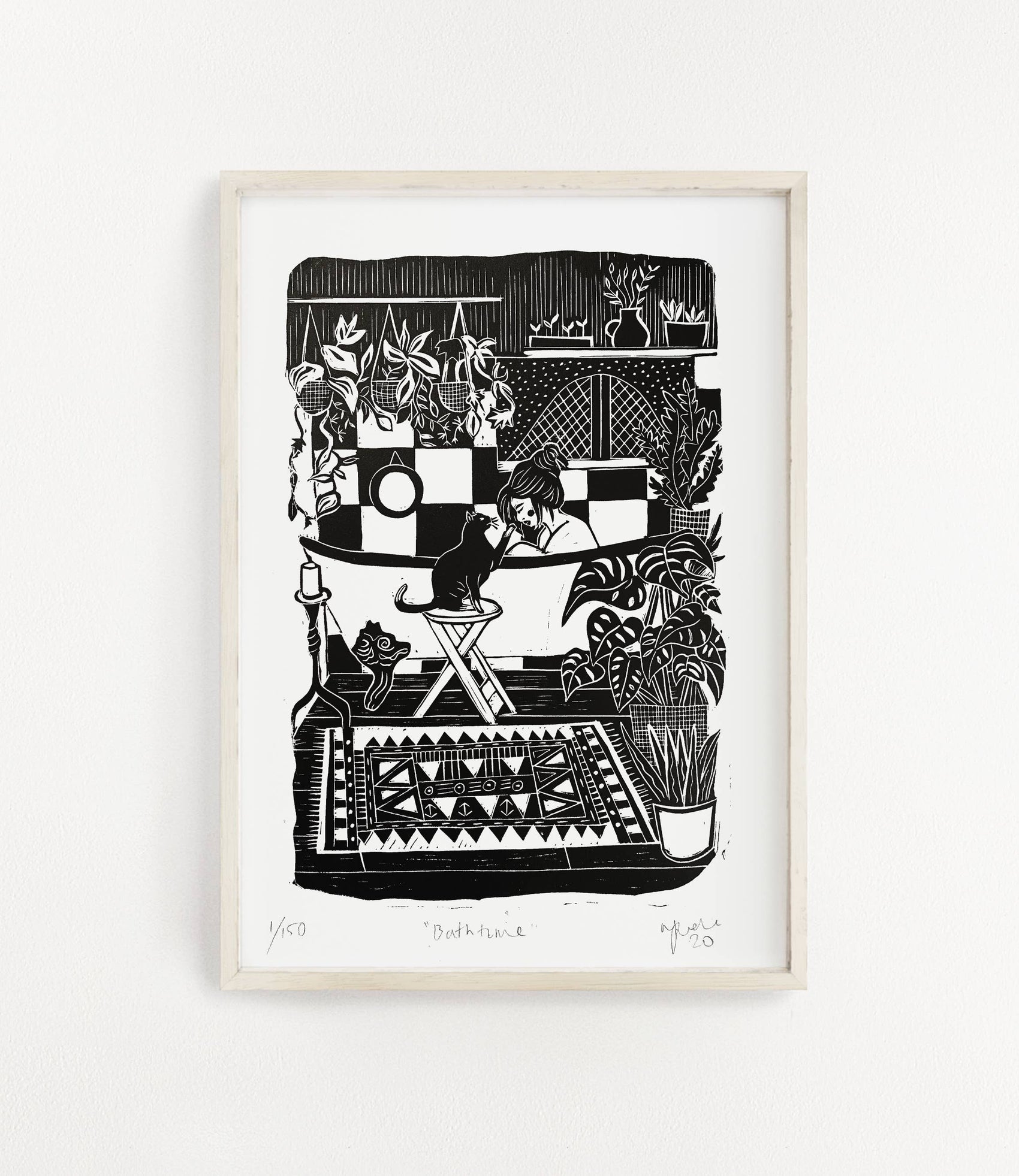 Cosy Home Greeting Card- Woman in Bath with Cat and Plants