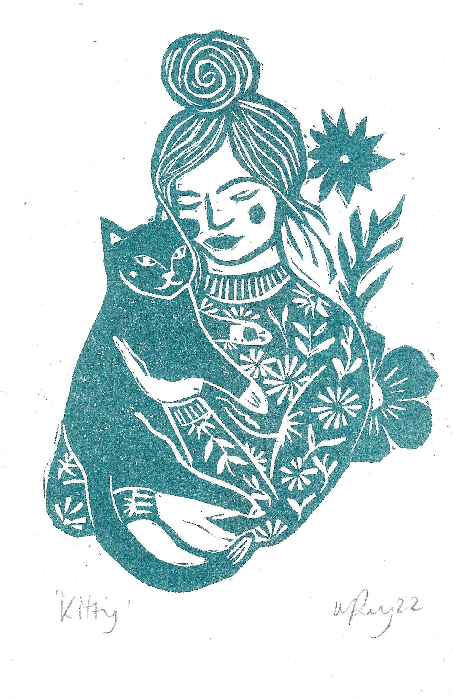 Kitty riso print, cat lover gift, cat print, woman and cat