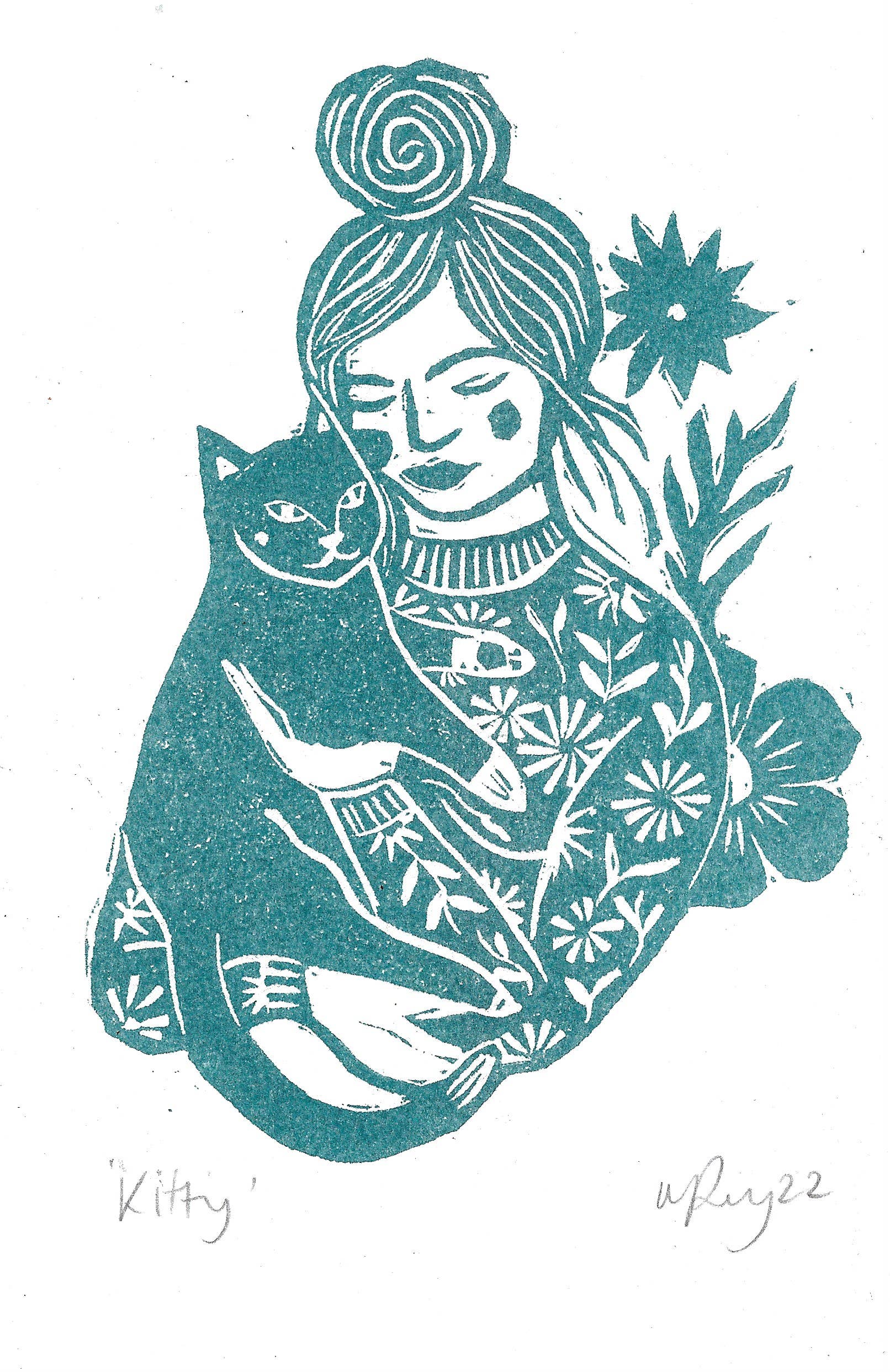 Kitty riso print, cat lover gift, cat print, woman and cat