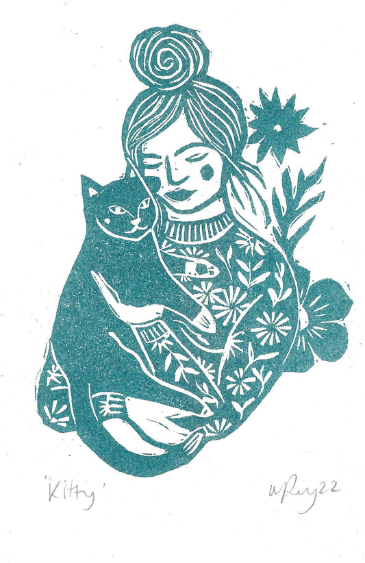 Kitty riso print, cat lover gift, cat print, woman and cat