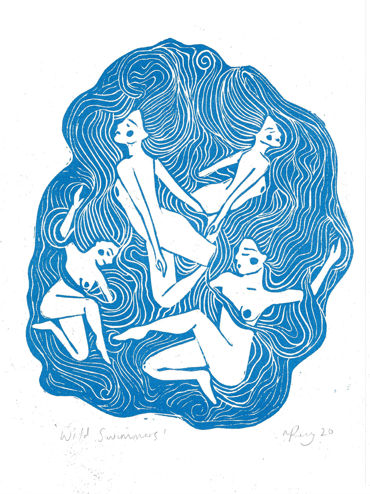 Wild Swimmers riso print, women, friends, sea, ocean