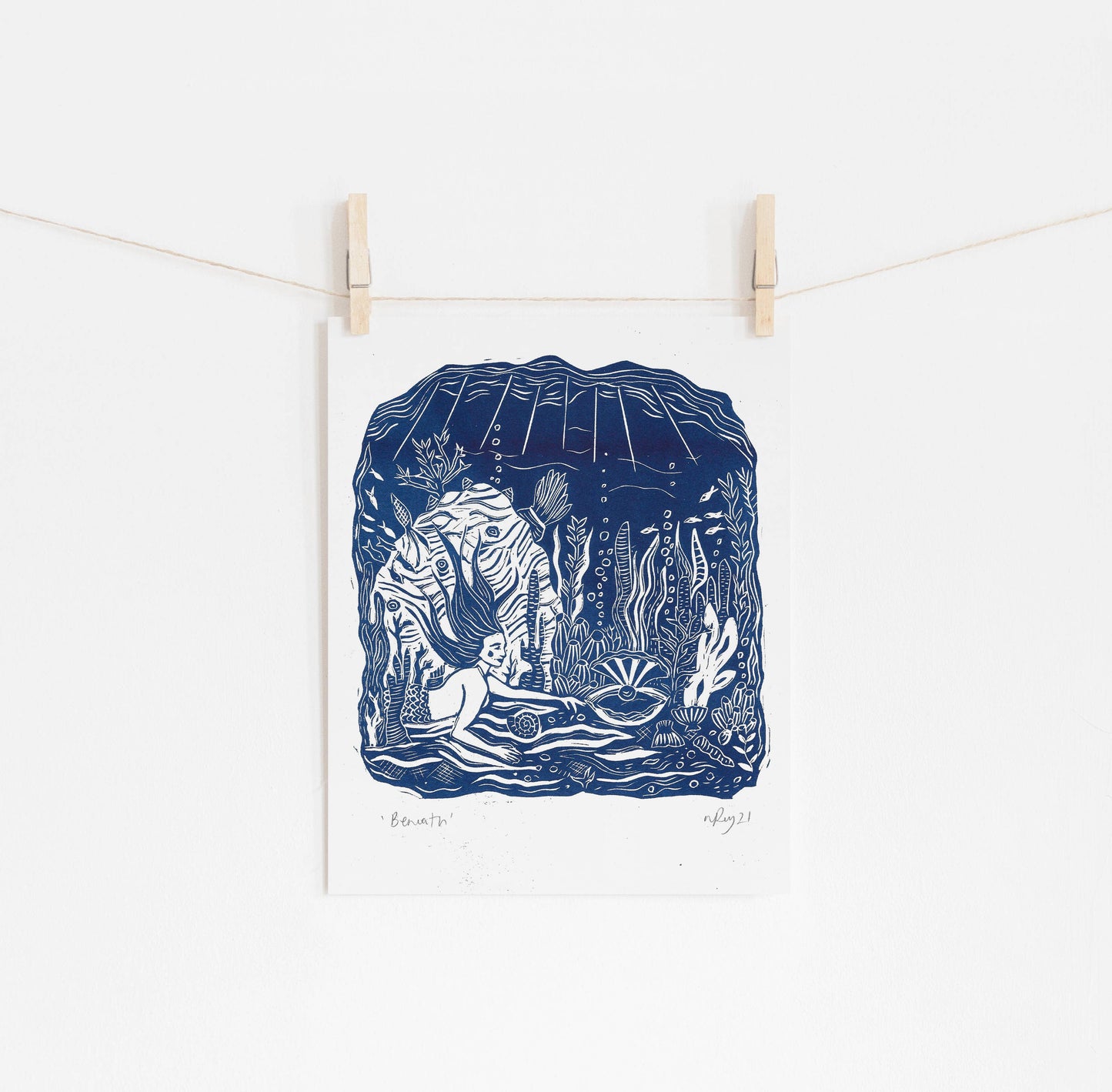 'Beneath' riso print, mermaid art, folklore, under the sea