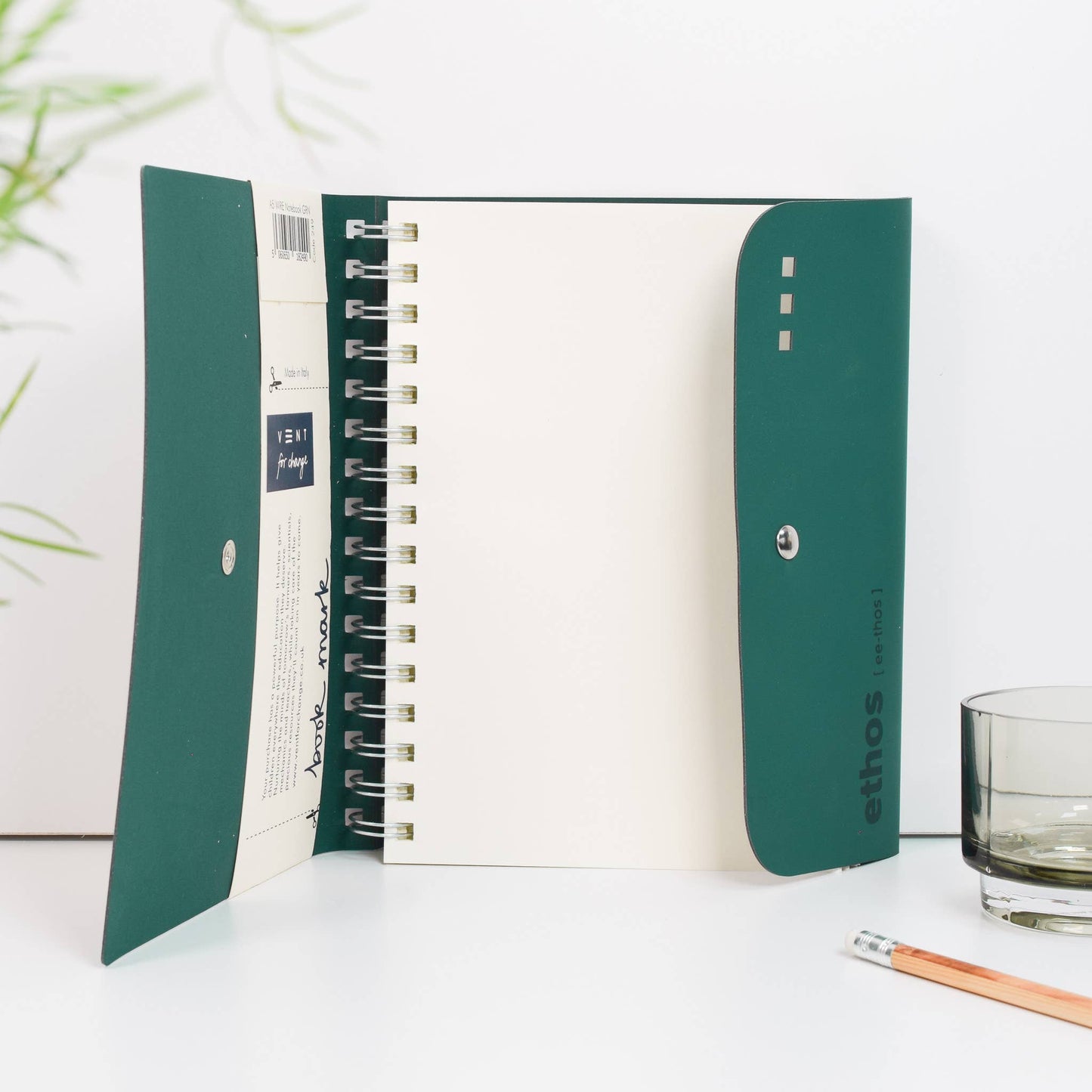A5 recycled leather wire-bound folio - ETHOS Emerald Green