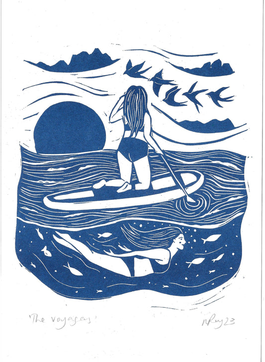 The Voyagers riso print paddleboarding, swim, outdoors, sea