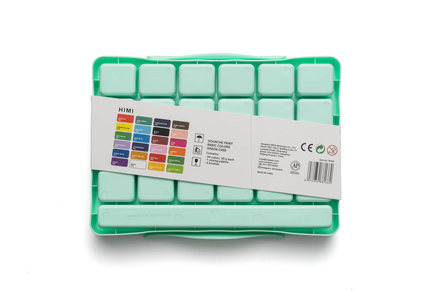 HIMI Jelly Cup Gouache Set 24 Paint Colours, 3 Brushes Green