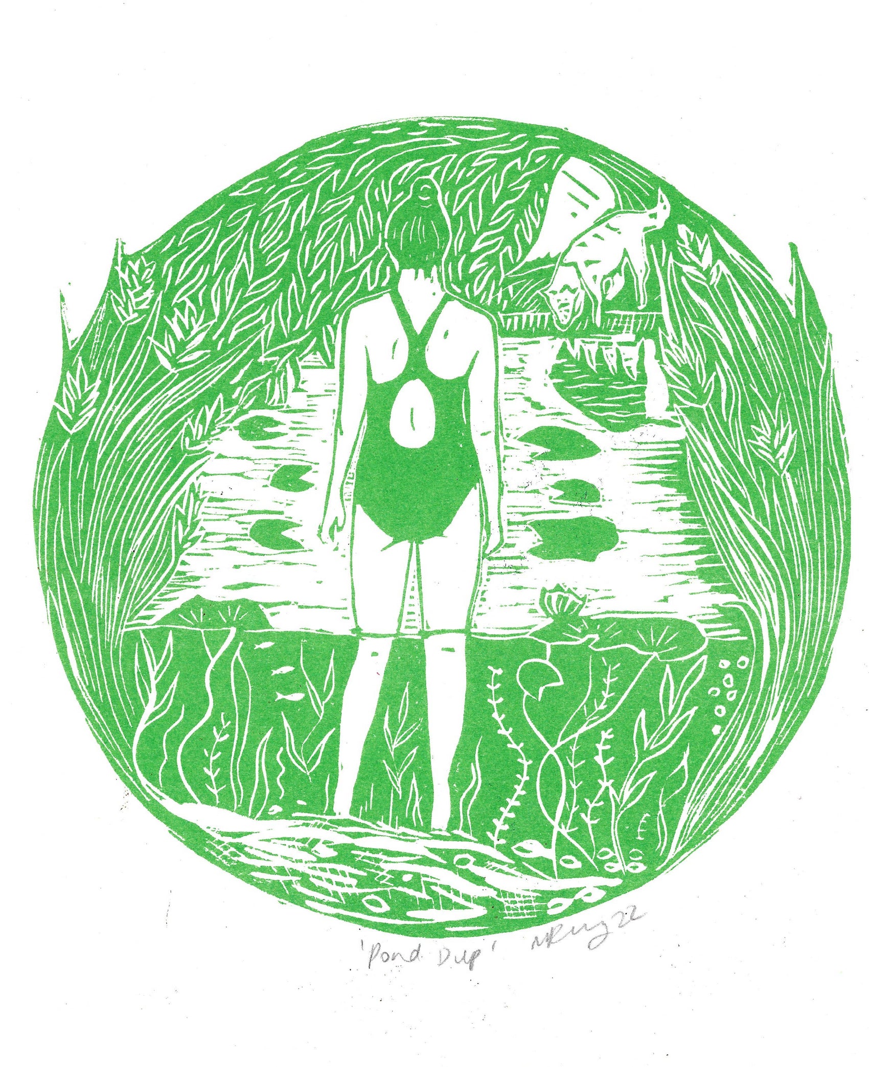 Pond Dip riso print, wild swim, swimmer, rivers, nature