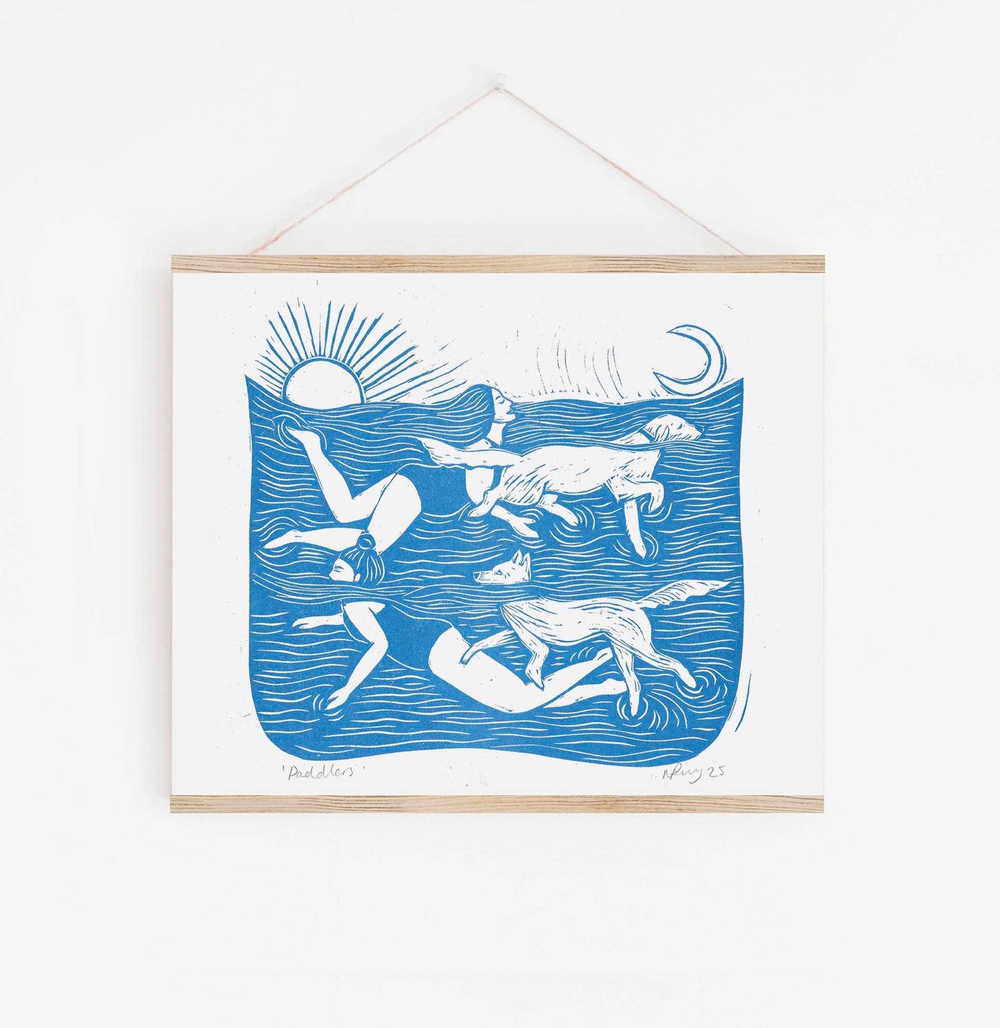 Paddlers riso print, dog art, swimming, doggy paddle, woman