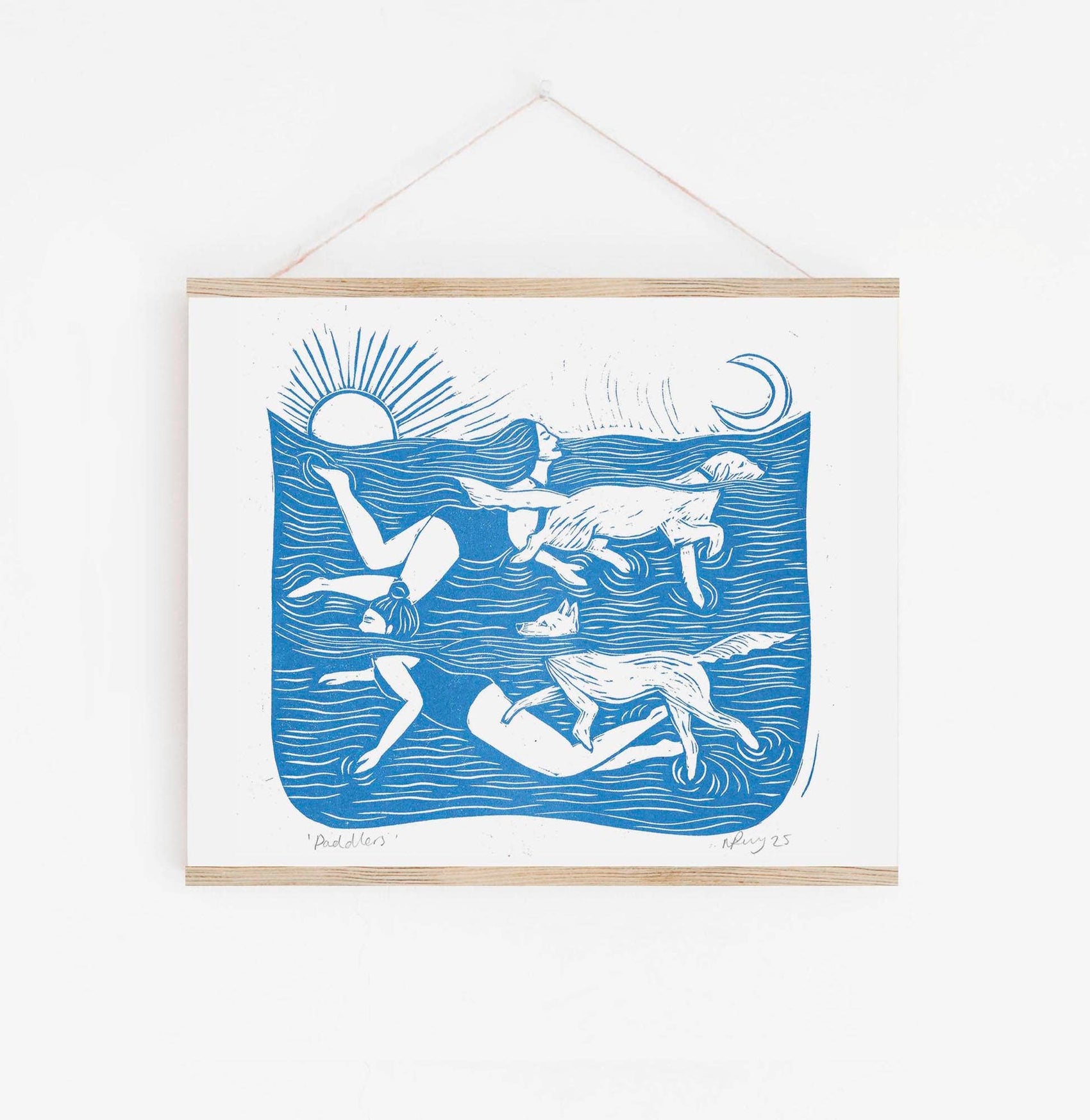 Paddlers riso print, dog art, swimming, doggy paddle, woman